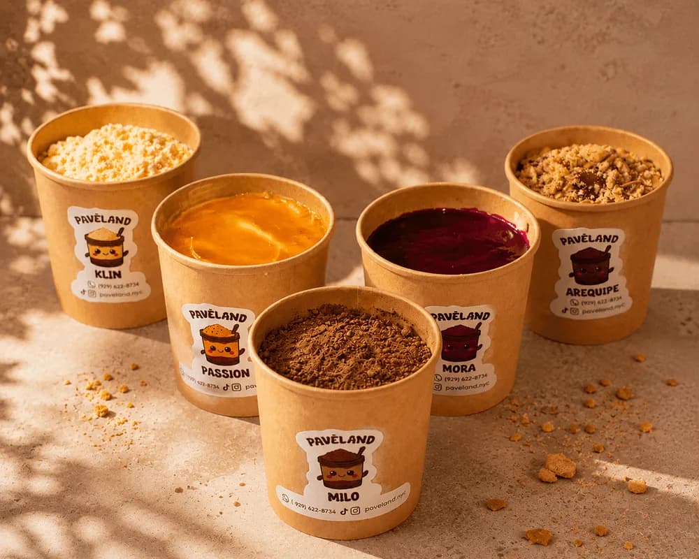 Five Paveland dessert cups with colorful layered creams in warm sunlight